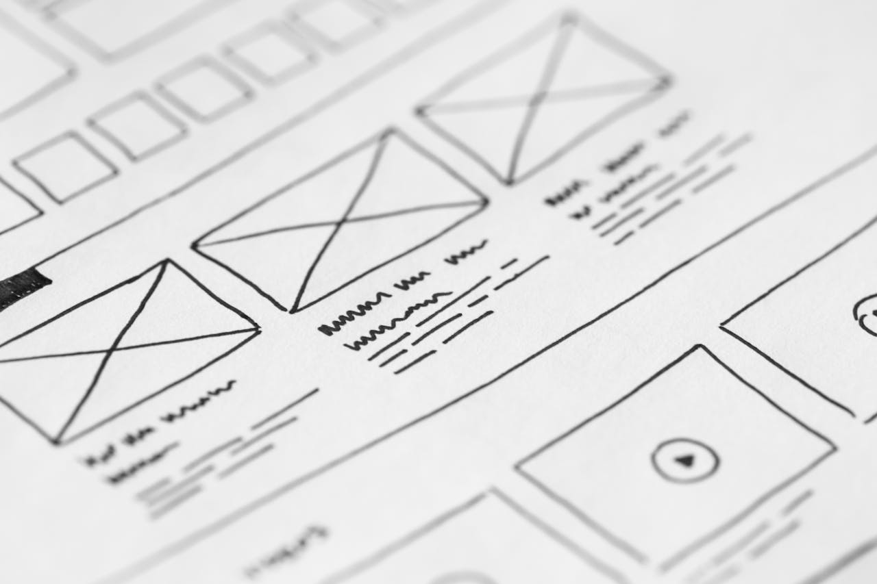 hero-img Detailed close-up of a hand-drawn wireframe design on paper for a UX project.